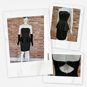 Vintage 80's AJ Bari Black Peplum Strapless Cocktail Dress w/Rhinestones